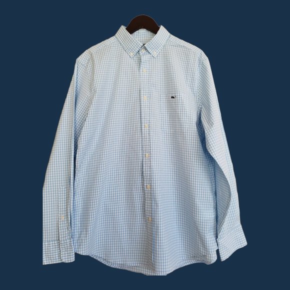 Vinyard Vines Blue and White Gingham Long Sleeve MENS LARGE Shirt. Tucker style. - Picture 1 of 3